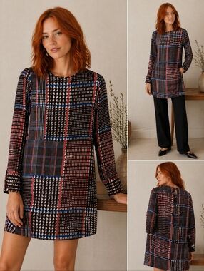 PATCHWORK PRINT LONG SLEEVE BLOUSE CHIC RELAXED FIT SIZE SMALL